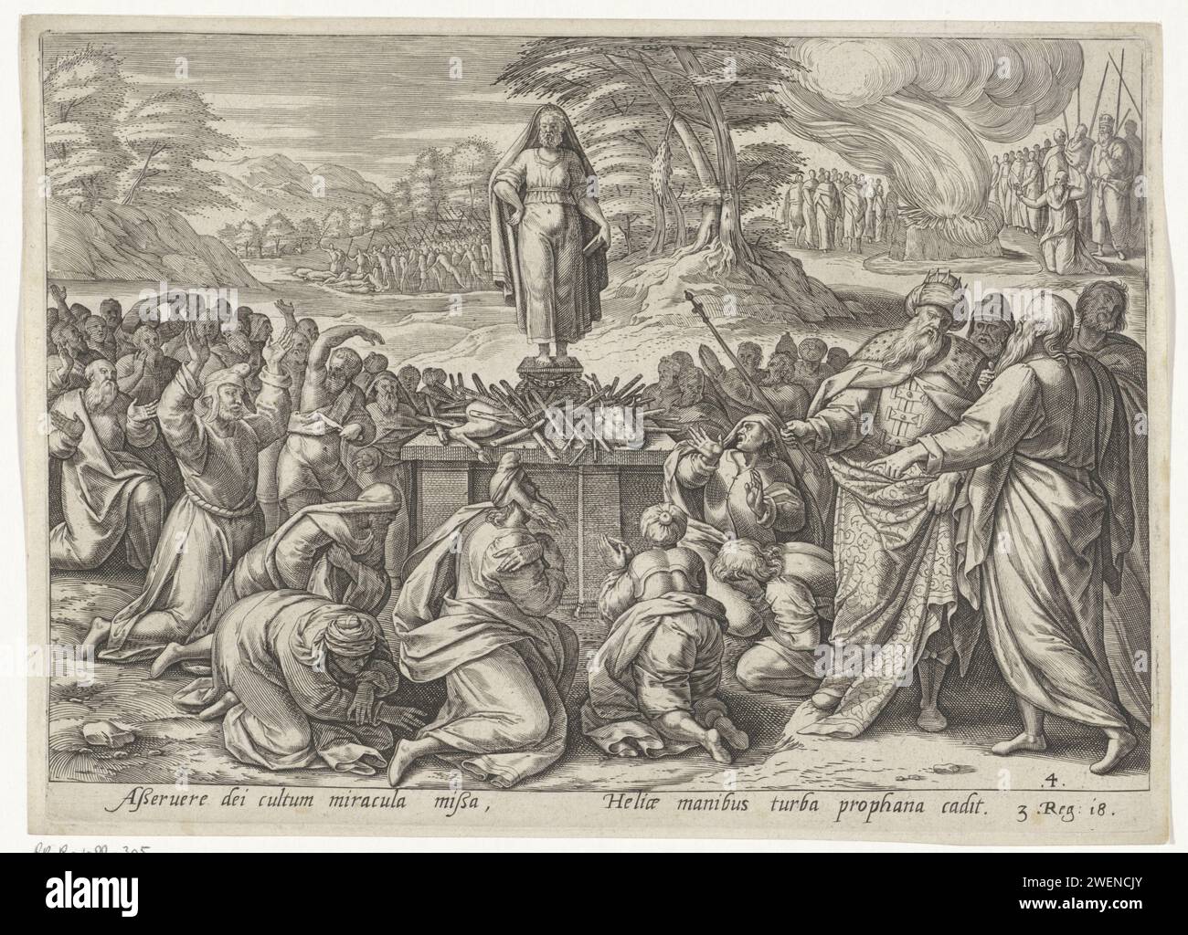 Elia und die Propheten von Baal, Anonym, nach Jan Snellinck (I), 1585 drucken die Baalpriester schreien und tanzen um ihren Altar, rufen den Gott Baal an und beten ihn um Feuer für das Brandopfer. König Ahab ist am Altar. Im Hintergrund rechts betet Elia zu seinem Gott in seinem Brandopfer, das vom Feuer des Himmels entzündet wird. Im Hintergrund links werden die Propheten von Baal nach diesem Vorfall getötet. Unter der Show ist ein Hinweis auf den Bibeltext in 1 Kon in lateinischer Sprache zu sehen. 18. Ein Altar wird von den Baal-Anbetern aus Papier gegraviert und ein Stier darauf gelegt Stockfoto