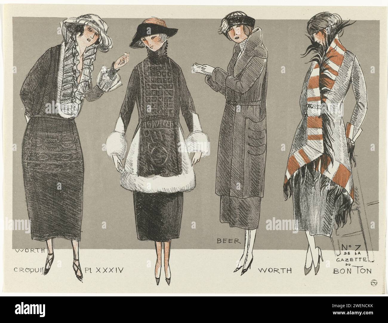 Gazette du Bon Ton, 1920 - No. 7, Croquis PL XXXIV: WORTH/WEER/Worth, fernand siméon, Kleider und Anzug von Worth und Anzug von Bier. Croquis PL XXXIV aus Gazette du Bon Ton 1920, Nr. 7. Erläuterung der Kleidung auf Seite „Explication des Planches“. Papierteller. Kleid, Kleid (+ Damenkleidung). Mantel (+ Damenkleidung). Kopfbedeckung (+ Damenkleidung). Rock (+ Damenkleidung). Stockfoto