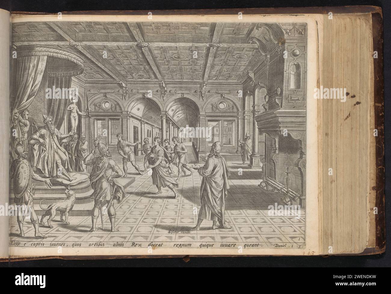 Daniël für König Nebukadnessar, Johannes oder Lucas van Doechum, nach Hans Vredeman de Vries, werden 1646 Druck Daniël und drei weitere junge Israeliten König Nebukadnessar präsentiert. Der König, links auf dem Thron, weist sie an, sie zu lehren, damit sie sich dem König anschließen können. Unter dem zeigen Sie dann einen Verweis auf den Bibeltext in lateinischer Sprache. 1: 3. Dieser Ausdruck ist Teil eines Albums. Papierstiche Israeliten (meist vier) werden dem Prinzen der Eunuchen vorgeführt, weil König Nebukadnezar sie im Palast erziehen lassen will (Daniel 1) Stockfoto