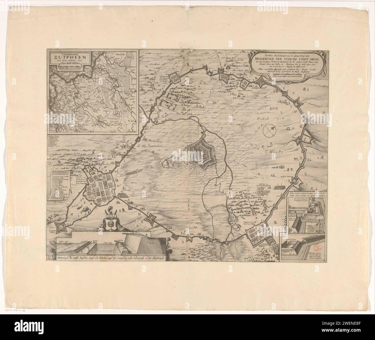 Belagerung von Grol durch Frederik Hendrik, 1627, Claes Jansz. Visscher (II) (Werkstatt von), 1627 Druck Belagerung und Eroberung der Stadt Groenlo (Grol) durch die Staatsarmee unter Friedrich Hendrik, 6. Juli bis 19. August 1627. Zentral in der Stadt mit dem umliegenden Land und den Vierteln der Belagerer. Oben links eine Wette mit einer Karte des Graafschap Zutphen, unterhalb eines Durchmessers des Rotlichtbezirks. Oben rechts Kartusche mit Titel und einer Schüssel von 500 Durchgängen, 2,5 bilden eine Stange. Rechts unten zwei weitere Details des Rotlichtviertels und der Redoutes, die von der Armee angelegt wurden. Auf der linken Seite die Legende Stockfoto