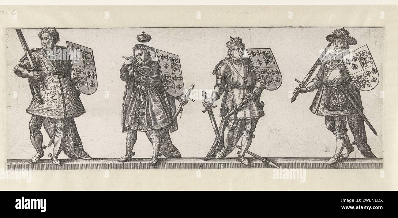Koningen Eduard IV., Eduard V., Richard III. Und Hendrik VII., 1584 drucken vier Männer mit einem Wappen und einem Schwert. Eine Landschaft im Hintergrund vage. Dieser Druck ist Teil einer achtteiligen Druckserie von Königen und Königinnen von England (unnummerierte Titelseite und sieben nummerierte Drucke mit zwei bis vier Figuren). Papiergravur König Stockfoto