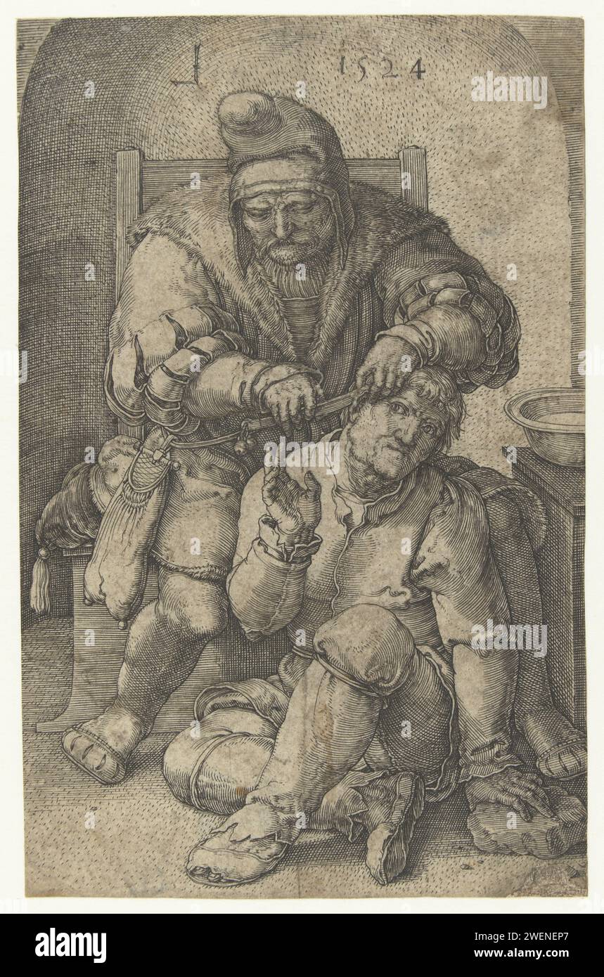 Der Chirurg, Lucas van Leyden, 1524 Druck Ein Chirurg macht einen Schnitt hinter dem Ohr eines Mannes, der auf dem Boden sitzt. Kopf, Arme und Hände des Chirurgen und des Kopfes des Menschen sind durchstochen. Papierstich-Friseur; Chirurg Stockfoto