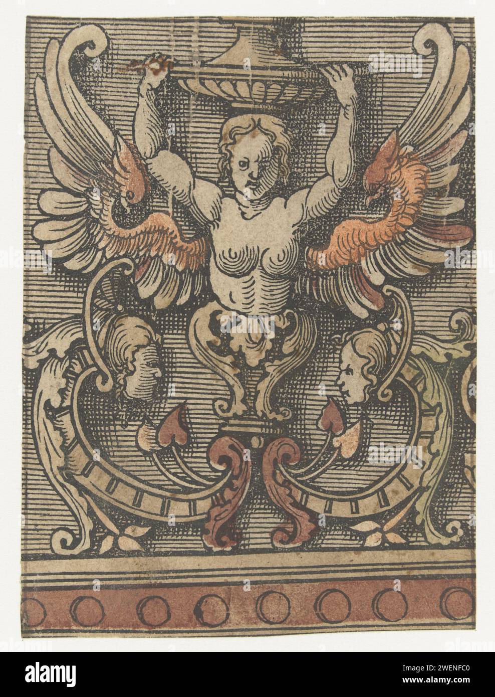 Ornament mit geflügelter Frau, 1504 - 1533 Druck Fragment der Liste der Zierdekorationen. Papierschmuck  hybride Wesen; menschliche und tierische Formen gemischt Stockfoto