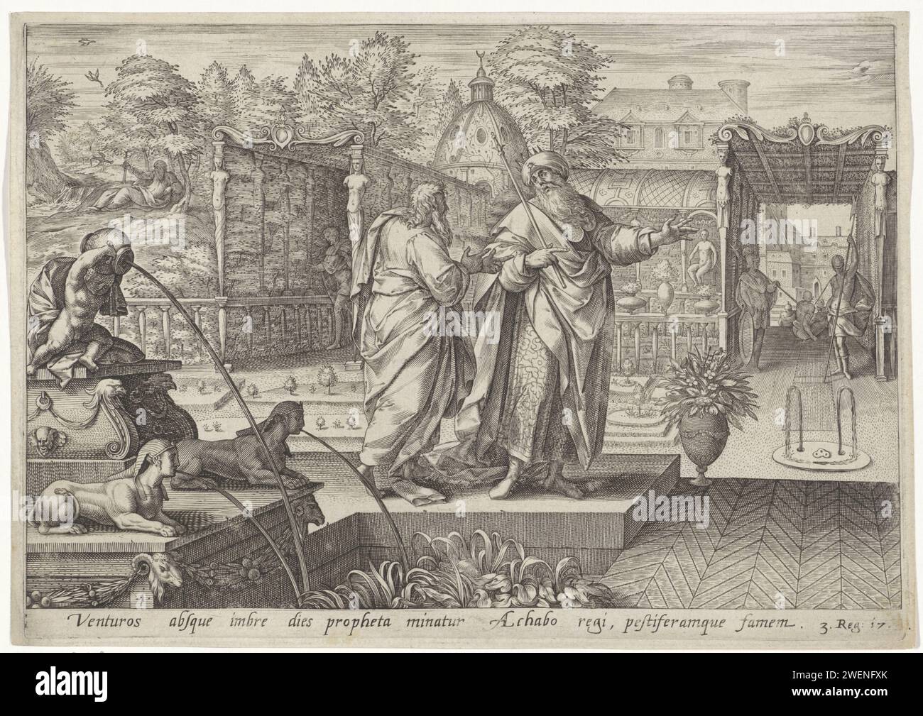 Elia sagt König Ahab voraus, dass es Dürre geben wird, Anonym, nach Jan Snellinck (I), 1585 Print Elia sagt König Ahab voraus, dass es für einige Jahre keinen Tau oder Regen geben wird. Im Hintergrund befindet sich Elijah am Kirit-Fluss, wo Raven ihn mit Nahrung erfüllt. Unter der Show ist ein Hinweis auf den Bibeltext in 1 Kon in lateinischer Sprache zu sehen. 17. Der Papierstich Elia kündigt König Ahab an, dass Gott eine lange Dürre im Land bringen wird, um den Abfall Israels zu rächen. Während der Prophet am Bach lebt, bringen ihm Raben Nahrung Stockfoto