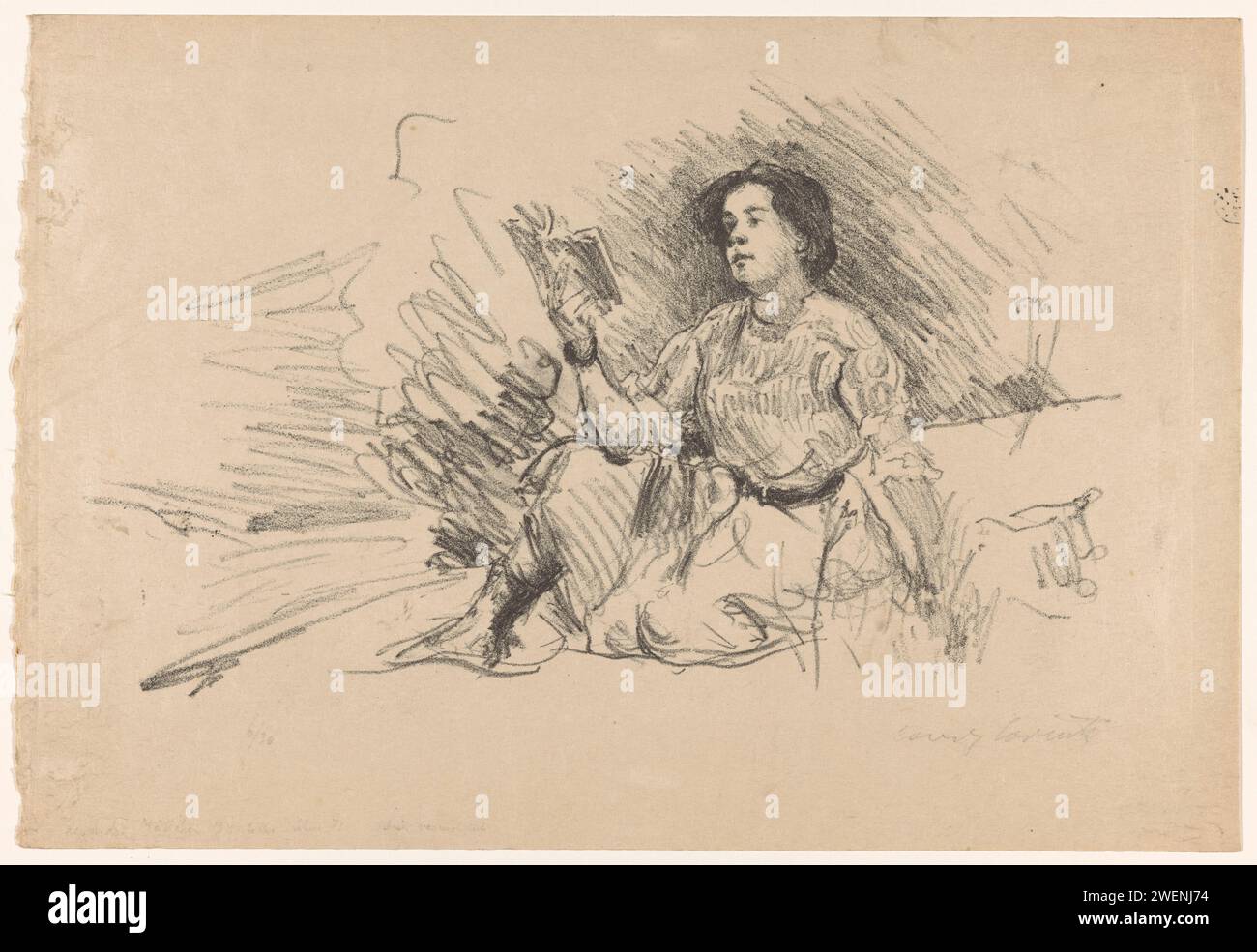 Lesendes Mädchen, sitzend auf dem Boden, 1911 gedruckte Zeitung, Nachrichtenblatt Stockfoto