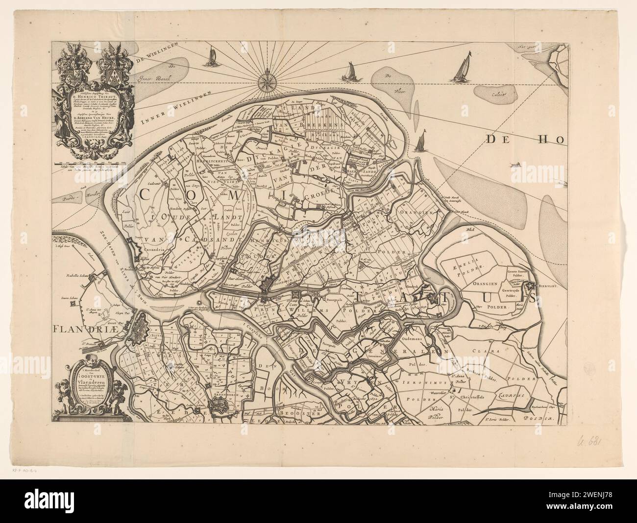 Karte von Zeeuws-Vlaanderen, Anonym, Hendrick Thibaut, nach Claes Jansz. Visscher (II), nach Reinier Ottens (I), 1719 - 1725 Karte von Zeeuws-Vlaanderen drucken. Oben links eine Kartusche, mit Wappen verziert, mit Zuordnung zu Hendricus Thibaut und Adrianus van Hecke. Unter einer Schüssel: Skala von 1000 Bloijsche-Stäben, eine halbe Duytsche Mijle 1000. Unten links eine Kartusche mit Titel und Veröffentlichungsadresse. Papier zum Ätzen/Gravieren von Karten von verschiedenen Ländern oder Regionen. Wappenlager, Heraldik Niederländisch-Flandern Stockfoto