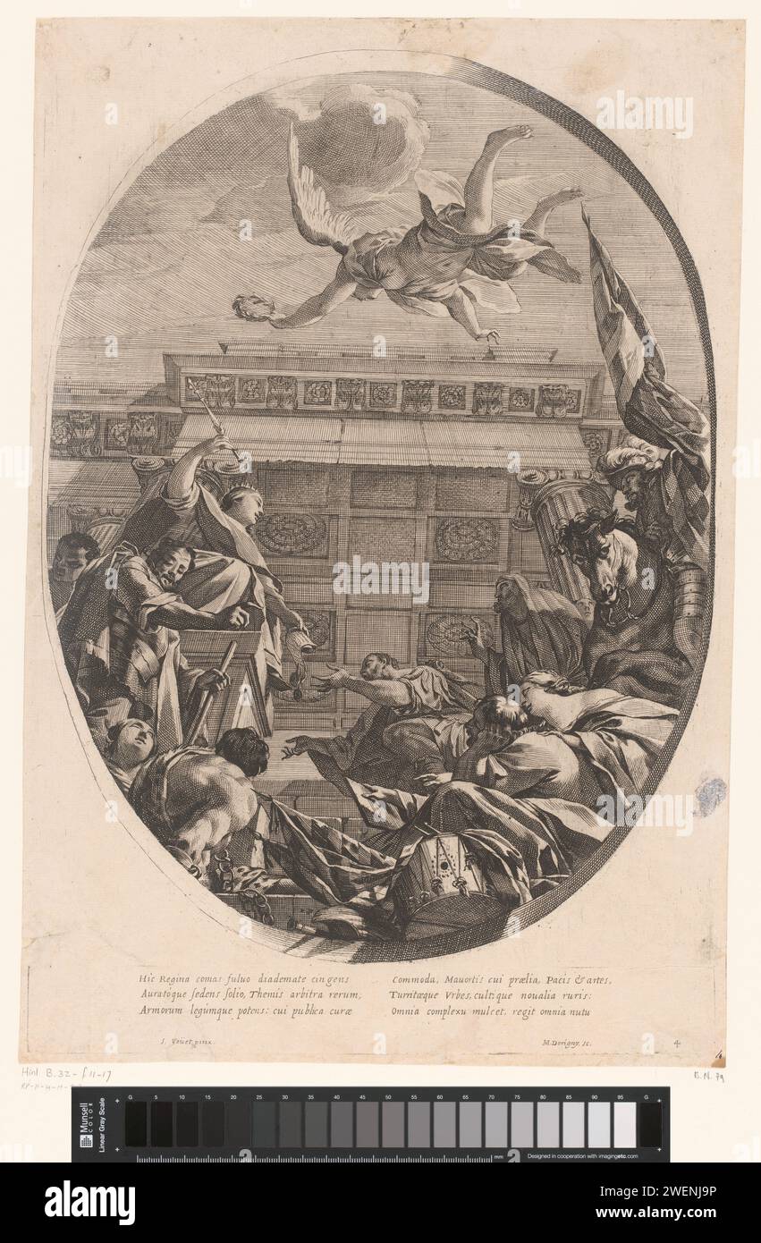 Figures in Worship for Justitia, Michel Dorigny, nach Simon Vouet, 1640 Printpapier Gravur / Radierung Justitia (Justice) als römische Personifikation Stockfoto
