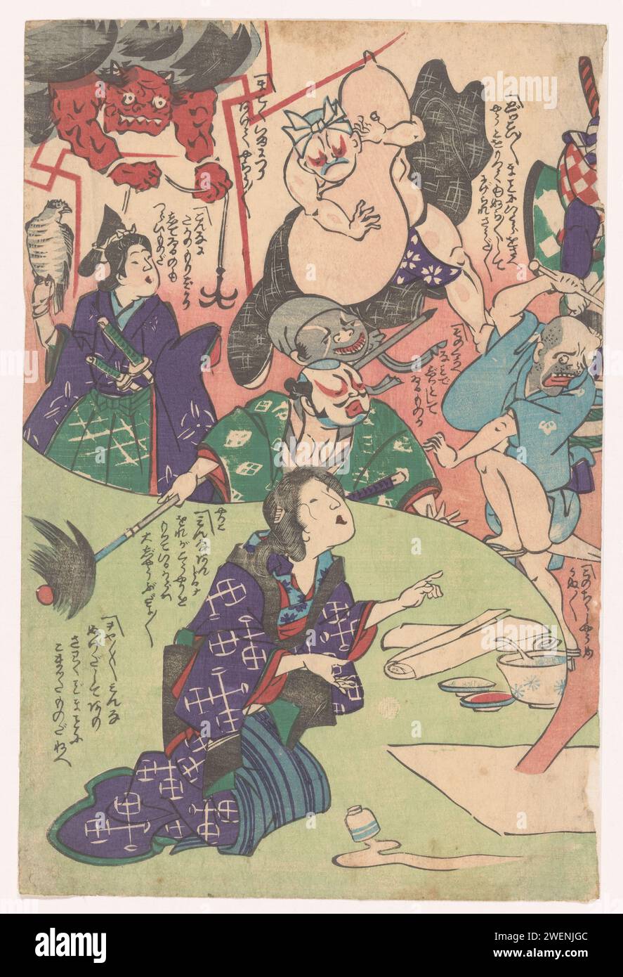 Knie Frau, ca. 1860 Druck Eine Japanerin kniet für Papier, aus dem Figuren aufsteigen und lebendig werden. Teil der Triptiek Otsu-e Story. Japanisches Papier (handgeschöpftes Papier). Drucktinte Farbholzschnitt Stockfoto