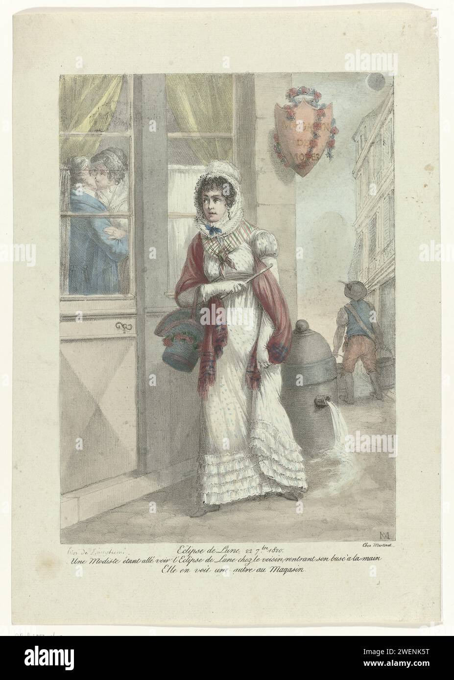 Modes Store, Eclipse de moon, 22. September 1820: A Modist (...), 1820 Eine Modeistin geht auf der Straße, um die Mondfinsternis in der Nähe der Nachbarn zu sehen, aber stattdessen sieht sie ein küssendes Paar in einer retaileability. Sie trägt ein gepunktetes Kleid mit kurzen Puffärmeln und hoher Taille. Sie trägt einen Hut um den Arm. Weiteres Zubehör: gestreiftes Nackentuch, Schal mit Fransen, Handschuhe, Ventilator an den Enden. Im Hintergrund ein Mann, der zwei Eimer trägt. Papierteller. Kopfbedeckung: Kappe (+ Damenbekleidung). Kleid, Kleid (+ Damenkleidung). Kopfbedeckung: Hut (+ Damenbekleidung). Kleidung für den oberen Teil von Stockfoto
