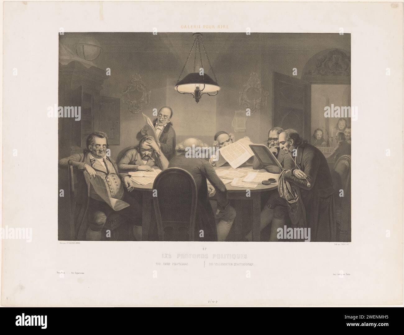 Claude Thielley liest Männer um einen Tisch, nach Johann Peter Hasenkerver, 1847 drucken Innenraum mit sieben Männern um einen Tisch, lesen in Zeitungen. Eine Öllampe hängt über dem Tisch. Einer der Männer raucht eine lange Pfeife. Im Hintergrund ein Blick auf einen anderen Raum, in dem Männer Schach sind. Papierlesung. Zeitung, Nachrichtenblatt. Pfeife  Tabak. Schach. Ölleuchte. Politische Karikaturen und Satiren Stockfoto