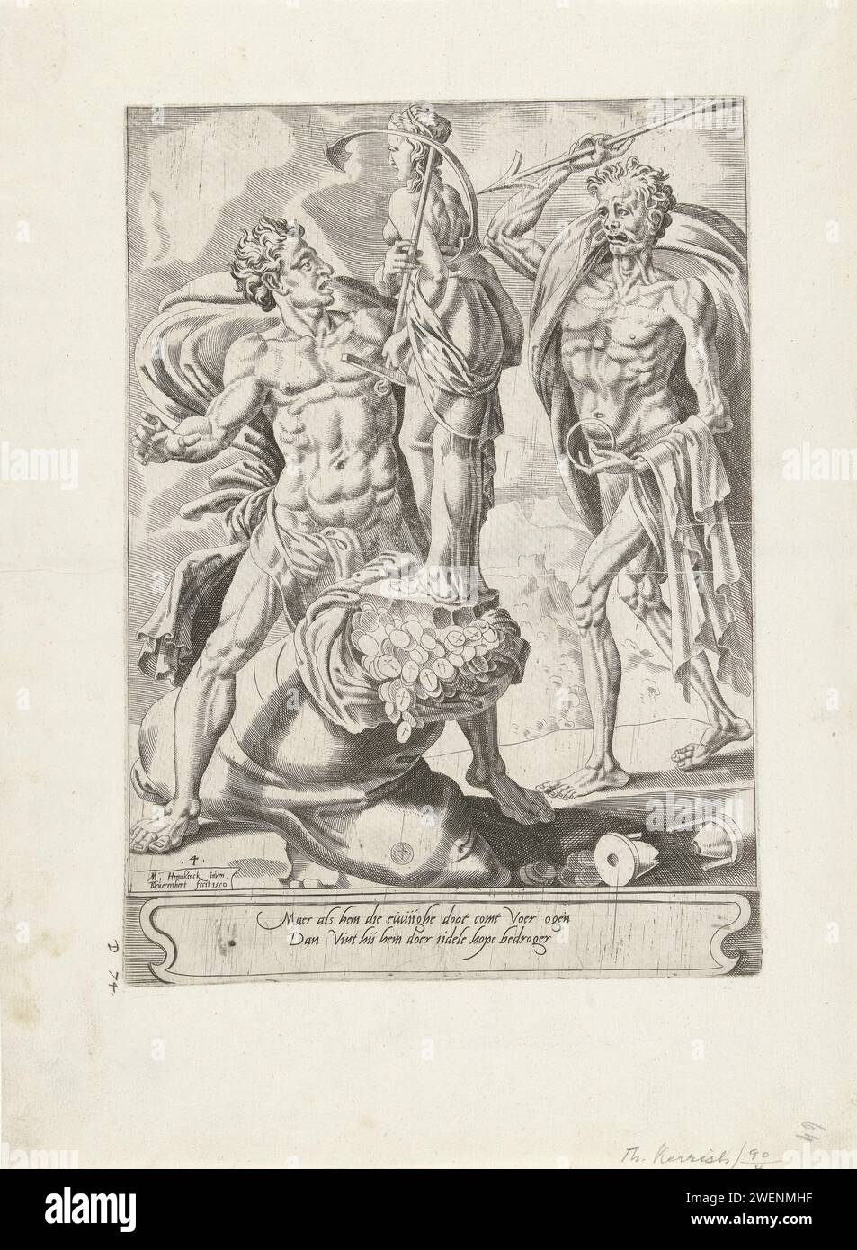 In der sterbenden Stunde gibt es keinen Reichtum, Dirck Volckertsz. Coornhert, nach Maarten van Heemskerck, 1550 Abdruck am Ende seines Lebens steht der Mensch dem Tod gegenüber. Er richtet seinen tödlichen Pfeil auf ihn. Der Mensch sucht Schutz hinter dem Bild der Hoffnung, aber der Sack voller Geld geht und fällt um. Eine gebrochene Sanduhr zeigt an, dass die letzte Stunde des Menschen zugeschlagen hat. Reichtum kann dem Menschen nach dem Tod nicht helfen. In einer Kartusche am unteren Rand des Abdrucks eine niederländische Beschriftung in Reim. Der Druck ist Teil einer vierteiligen Serie über die Nutzlosigkeit der Hoffnung für Geld und andere säkulare Themen. Personifizierungen zum Ätzen/Gravieren von Papier Stockfoto