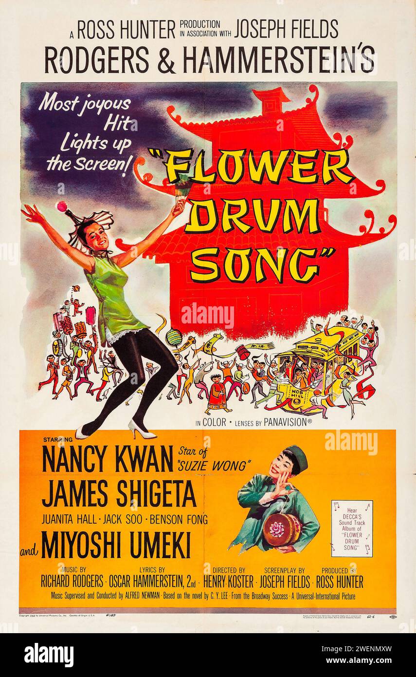 Vintage-Filmplakat für die US-Kinoveröffentlichung des Films Flower Drum Song aus dem Jahr 1961, einer Adaption des gleichnamigen Musicals aus dem Jahr 1958 Stockfoto