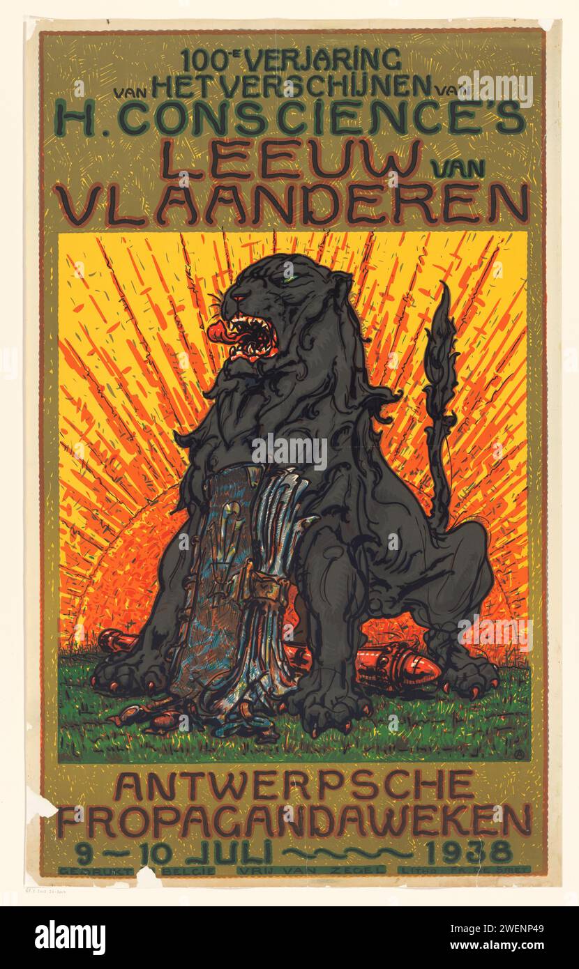 Poster zum hundertjährigen Jubiläum der Veröffentlichung des Löwen von Flandern von Henri Conscience, Anonym, nach Alfred Ost, 1938 Druck. Einen stehenden Löwen mit offenem Mund und hochgezogenem Schwanz mit einem Buch zwischen den Vorderbeinen. Im Hintergrund die aufgehende Sonne. Papiertiere von Raubtieren, Raubtiere: Löwe. Sonnenaufgang. Buchen Sie Antwerpen Stockfoto
