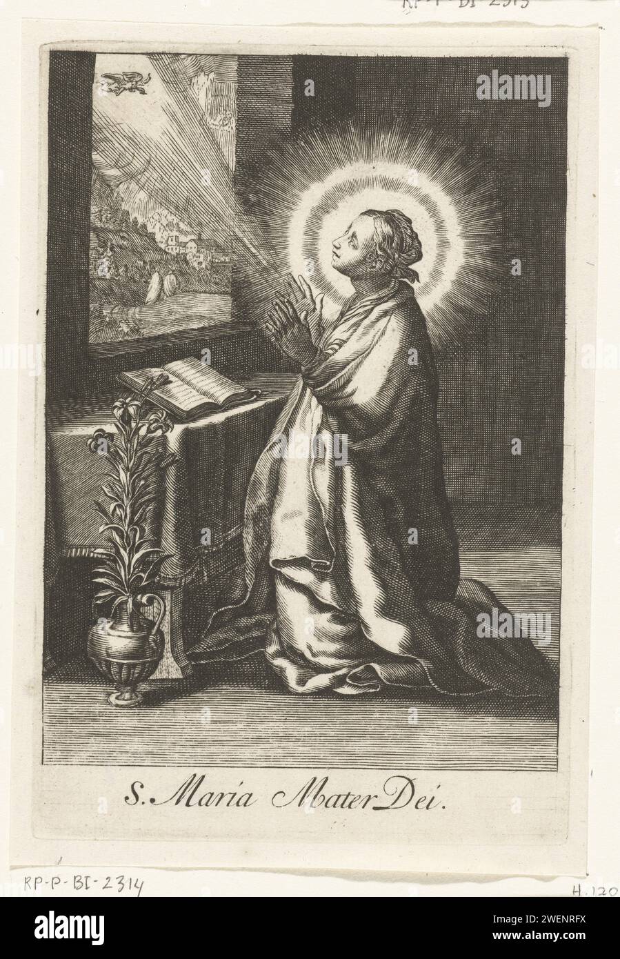 Maria als Einsiedler, anonym, nach Boëtius Adamsz. Bolswert, nach Abraham Bloemaert, 1590–1662 Druckpapier mit der Gravur der Verkündigung: Maria, meist liest, wird vom Engel besucht (manchmal hört eine Frau das Gespräch) Stockfoto