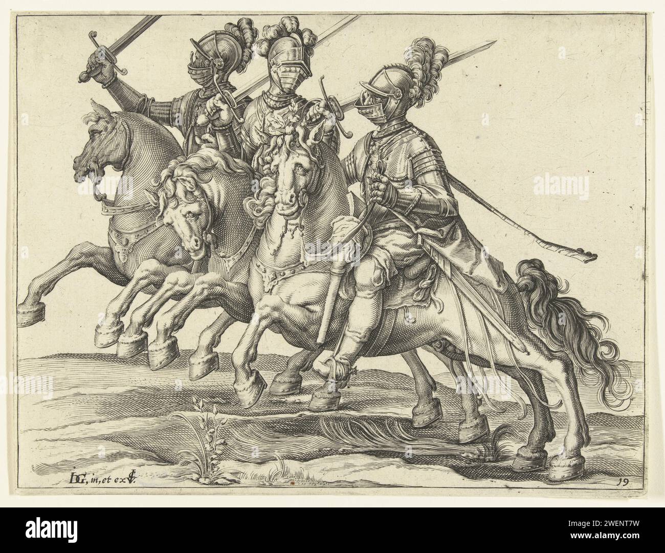 Drei Reiter mit erhobenen Schwertern, nach rechts gedreht, 1640 drucken drei Männer zu Pferd, die nach links reiten, jeder mit erhobenem Schwert in der rechten Hand. Dieser Druck ist Teil einer Serie von 22 nummerierten Drucken: Ein Titelabdruck, 20 Abzüge, auf denen eine oder einige verschiedene Arten von (am meisten gegurteten) Fahrern zu sehen sind, und ein Abdruck mit einem Reiterkampf. Papierstich Kriegsführung; militärische Angelegenheiten (+ Kavallerie, Reiter). Hacker- und Schubwaffen: Schwert Stockfoto