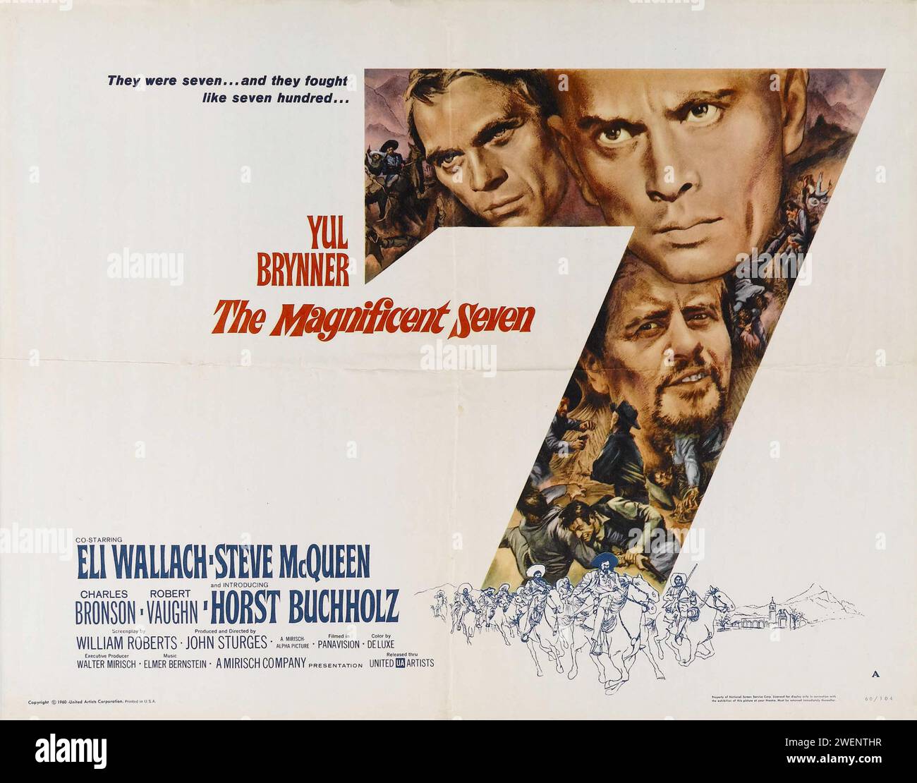 The Magnificent Seven - United Artists 1960 - Yul Brynner, Steve McQueen, Charles Bronson, Robert Vaughn - horizontales Filmplakat Stockfoto