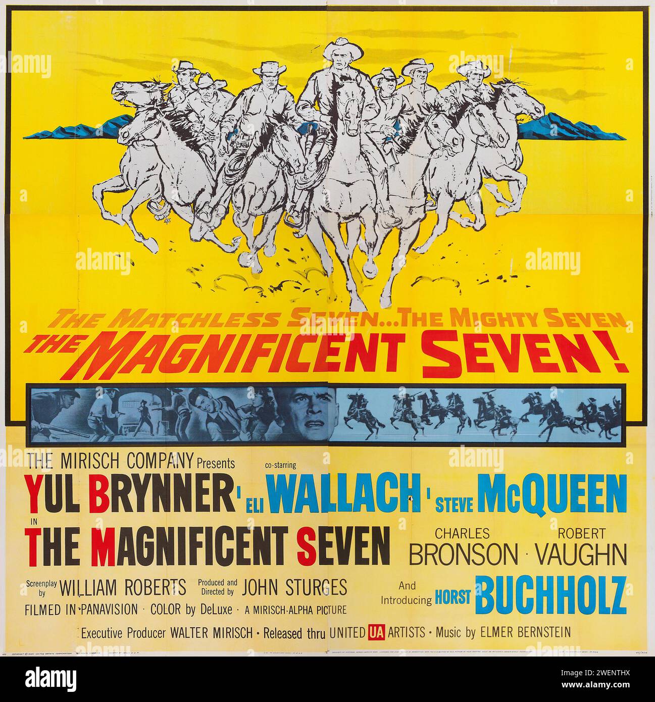 Horizontales Filmposter. The Magnificent Seven - United Artists 1960 - Yul Brynner, Steve McQueen, Charles Bronson, Robert Vaughn Stockfoto