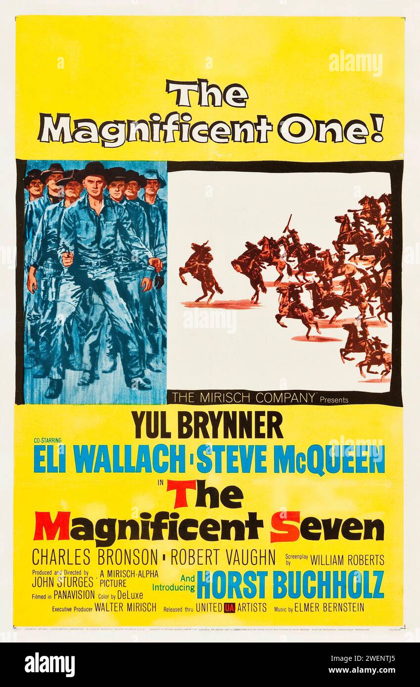 Ein-Blatt-Poster für den Western The Magnificent Seven aus dem Jahr 1960, ein Remake des japanischen Films Seven Samurai aus dem Jahr 1954. YUL Brynner, Steve McQueen, Charles Bronson, Robert Vaughn. Stockfoto