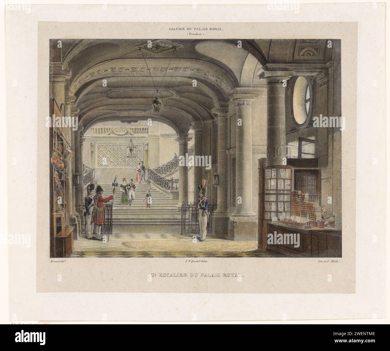 Treppen im Palais Royal in Paris, 1824 - 1829 Drucken Blick auf den Grand Escalier im Palais Royal in Paris. Im Vordergrund links ein Spielwarengeschäft und rechts ein Buchladen, dessen Besitzer hinter der Theke ein Buch versteckt ist. Teil einer Presseserie über die Gemäldesammlung von Lodewijk Philipp, Herzog von Orléans - der spätere Koning Lodewijk Philipp I. Papierpalast. Buchhandlung, Buchhändler. Kaufmann, Verkäufer Palais-Royal Stockfoto