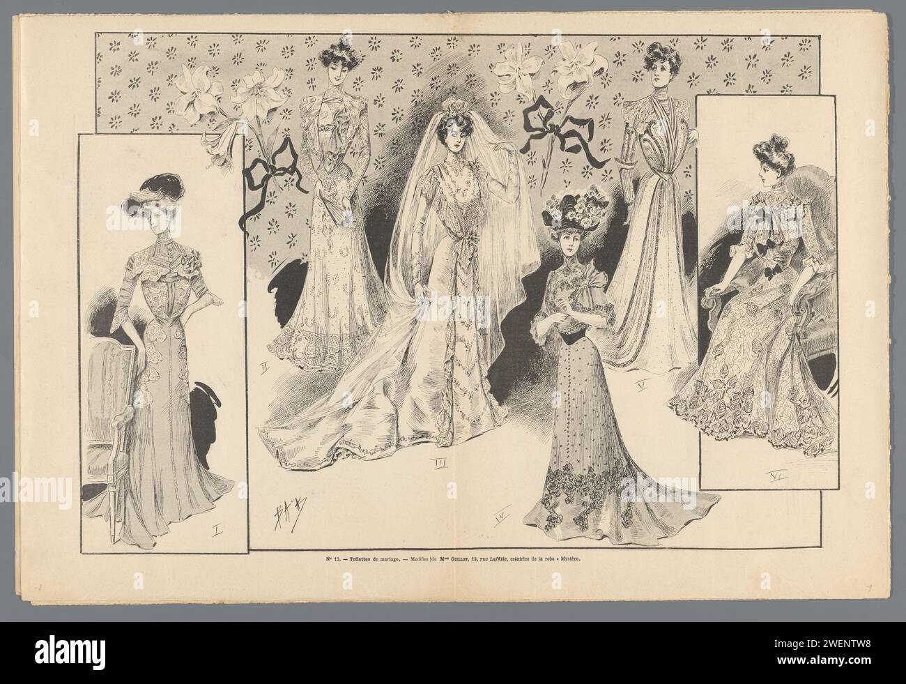 La Nouvelle Mode, Nr. 23: 10. Juni 1900: Pagina's 8,9: Wedding Toilets, 1900 La Nouvelle Mode, Nr. 23, 10. Juni 1900: Seiten 8,9: Doppelseite mit verschiedenen Brautkleidern, einschließlich 'Mystère'. Madame Guillot Models, 13, Rue Laffitte. Papierteller Stockfoto