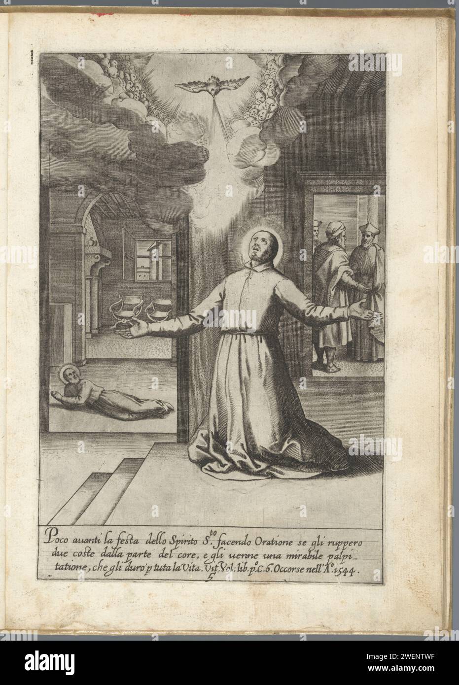 Filippo Neri bricht zwei Rippen während des Gebets, 1630–1641 Druck Filippo Neri bricht zwei Rippen während des Gebets, er fühlt Filippo Neri ein Klopfen für den Rest seines Lebens (1544). Filippo Neri kniet auf dem Boden vor dem Heiligen Geist in Form einer Taube. Drucknr 5 in einer Serie von 44 Drucken mit Szenen aus dem Leben des Heiligen Filippo Neri. Papierstich des Gründers der Oratoriumskongregation Philip Neri; mögliche Attribute: lilie, Rosenkranz Stockfoto