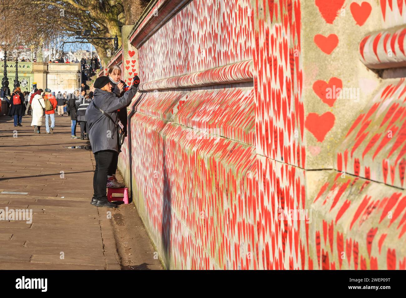 London, Großbritannien. Januar 2024. Freiwillige der National COVID Memorial Wall bewahren einige der über 200 Herzen, die jeweils für jemanden stehen, der an COVID gestorben ist. Die Freiwilligen, auch aus Hinterbliebenen, malen die roten Herzen sorgfältig neu und verfolgen dann die Botschaften auf ihnen. Sie kämpfen derzeit auch für die Erhaltung der Mauer als Gedenkstätte und fordern die Regierung auf, den Empfehlungen der britischen COVID-Gedenkkommission unter Vorsitz von Baroness Morgan nachzukommen. Quelle: Imageplotter/Alamy Live News Stockfoto