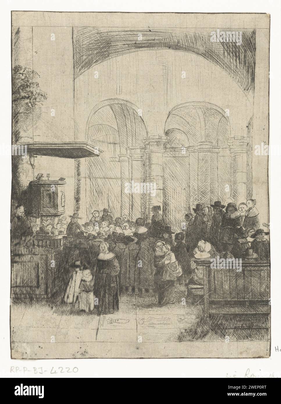 Korkinery traf Kiers Sallas, Esaias Boursss (zugeschrieben), nach Esaias Boursss, in Or Beauts 1651 Print findet Eine Katechisierung in einer Kirche statt. Die Kirchgänger hören aufmerksam auf den Prediger Johannes Beelsnyder. Zwei Frauen mit kleinen Kindern verlassen die Kirche, um den Unterricht nicht zu stören. Links steht ein Junge auf einem hohen hölzernen Ende der Kanzel. Papiergravur / Trockenpunkt religiöser Unterricht von Laien, z. B. Sonntagsschule. Innenraum der Kirche Stockfoto