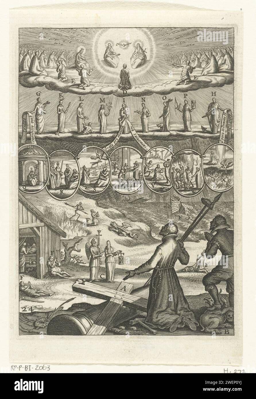 Emblem mit geistlichen und Menschen, die zu Gott und den Heiligen beten, mit ihrer Bitte, in Tugend zu leben, Boëtius Adamsz. Bolswert, 1620 Druck Ein Geistlicher kniet im Gebet mit den Passionswerkzeugen Christi, ein Mann neben ihm kniet auch im Gebet und tritt den Teufel mit Füßen. Sie wenden sich an Gott, der im Himmel sein kann, und an die Heiligen, die predigen können. Die Tugenden, die Meditation vorschreiben, werden auf sieben Schilden gezeigt und die Menschen während seines Lebens verfolgen sollten: Glaube, Hoffnung, Liebe, Gerechtigkeit, Mäßigung, Stärke und Vorsicht. Papiergravur der Heiligen Dreifaltigkeit, 'Trinitas coelestis'; Vater, Sohn und Heiliger Geist  Christi Stockfoto