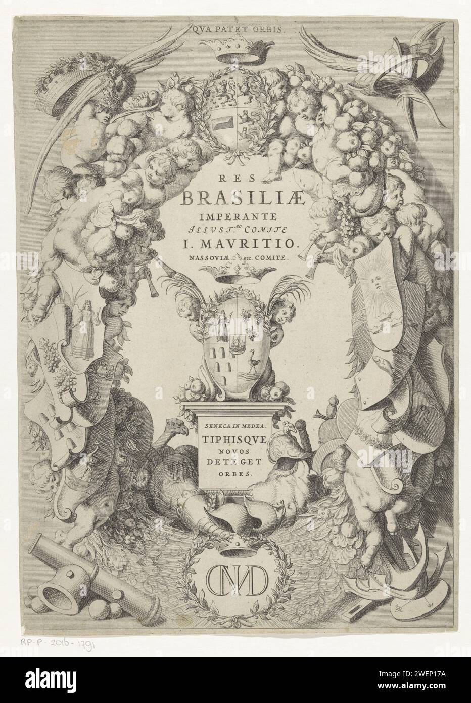 Wappen Brasiliens im Rahmen mit der Waffe und dem Monogramm von Johan Maurits Graaf van Nassau-Siegen, Jan van Broesterhuyzen (möglich), 1647 drucken das Wappen Brasiliens mit einem Rahmen aus Obst und Gemüse, Wappen und Putten rundherum. Oben das Wappen von Johan Maurits, Graf von Nassau-Siegen, unten sind Monogramme. Papiergravur / Ätzung Wappenlager, Heraldik. Ornamente  Kunst (+ Rahmendekorationen) Stockfoto