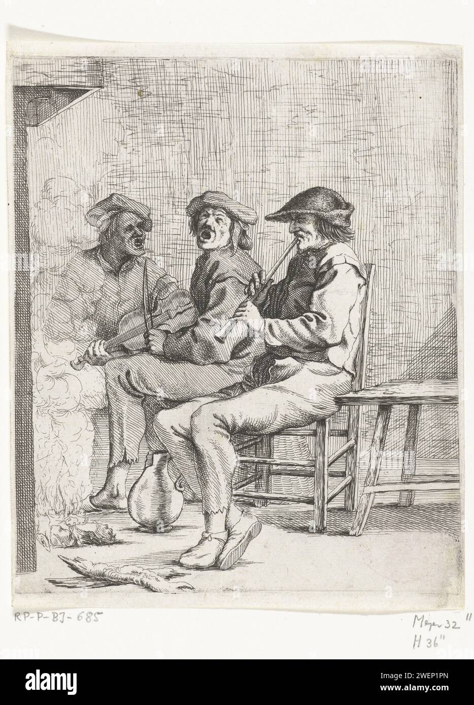 Drei Musiker Männer, Willem Basse, nach Adriaen Brouwer, 1633–1672 drucken drei Musiker Männer sitzen vor einem Kamin. Ein Mann spielt Pfeife, eine andere Geige, der dritte singt. Eine Person, die ein Streichinstrument spielt (gebogen). Eine Person spielt Blasinstrument. Musiker, die Sänger begleiten Stockfoto