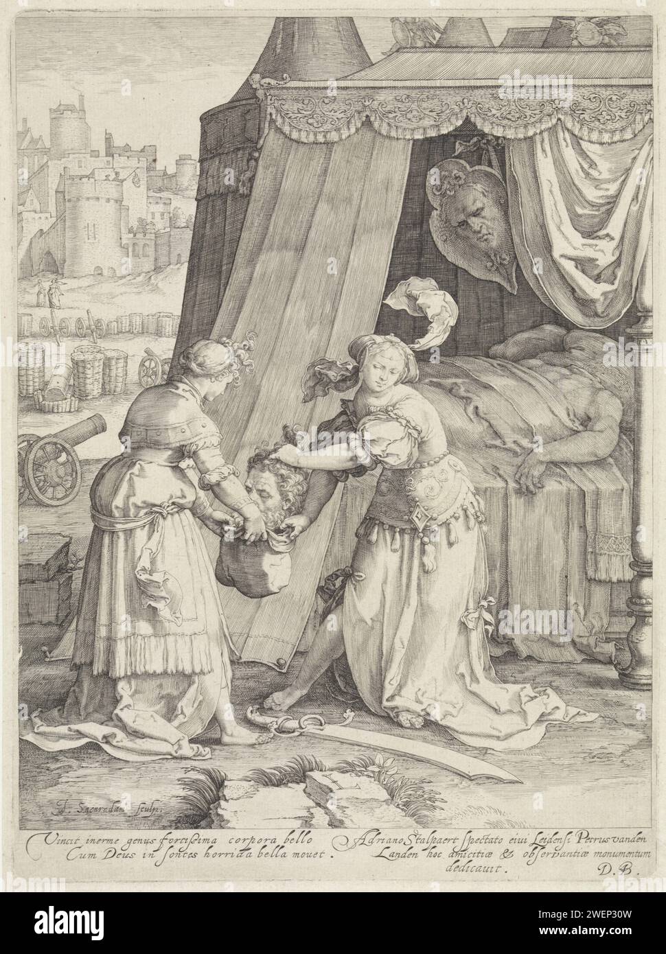 Judit mit dem Kopf des Holofernes, Jan Saenredam, nach Lucas van Leyden, 1589–1607 Druck Judit und ihr Diener stecken den Kopf des Holofernes in einen Fall. Sein Schwert liegt zu ihren Füßen. Hinter ihr befindet sich die Leiche von Holofernes im Bett. Über ihm hängt ein Schild mit dem Gesicht eines Mannes. Hinter einem Schloss. Unter der wird ein zweizeiliger lateinischer Text mit Kommentaren in der Show und ein Text mit einer Zuweisung angezeigt. Judith und ihre Dienerin haben Holofernes Kopf in einen Sack gesteckt Stockfoto