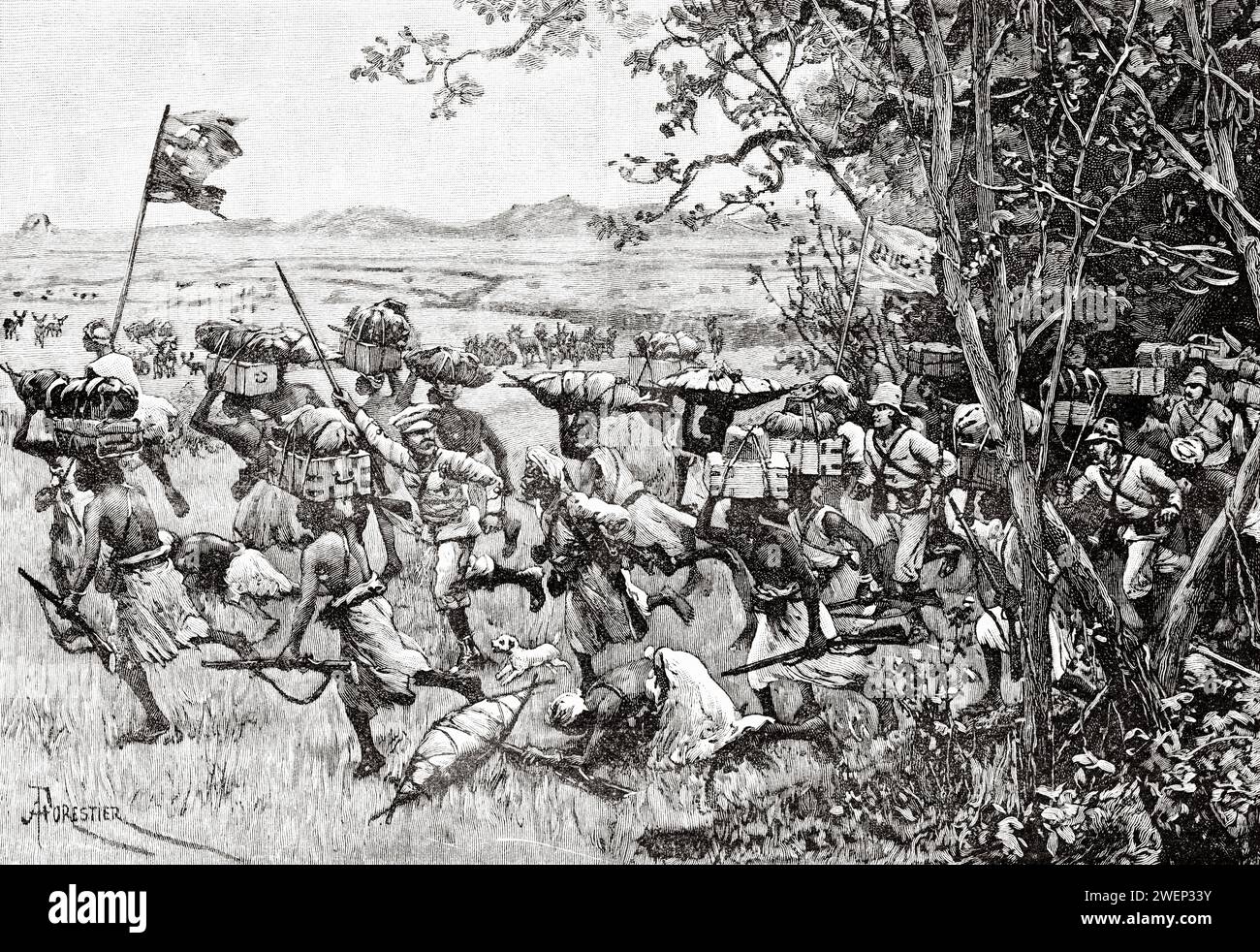 Stanley und seine Männer verlassen 1887 den Kongo-Wald in die Prärie. Afrika. Emin Pasha Relief Expedition 1886-1889 von Henry Morton Stanley (1841–1904) Stich aus dem 19. Jahrhundert aus Le Tour du Monde 1890 Stockfoto