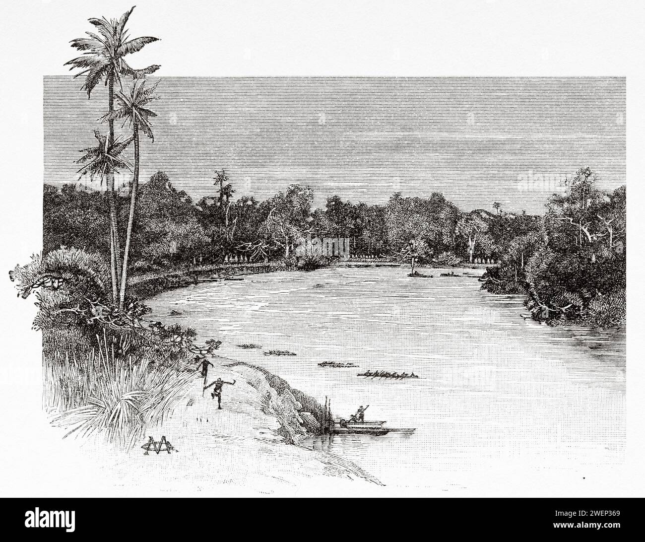 Fluss Aruwimi. Afrika. Emin Pasha Relief Expedition 1886-1889 von Henry Morton Stanley (1841–1904) Stich aus dem 19. Jahrhundert aus Le Tour du Monde 1890 Stockfoto
