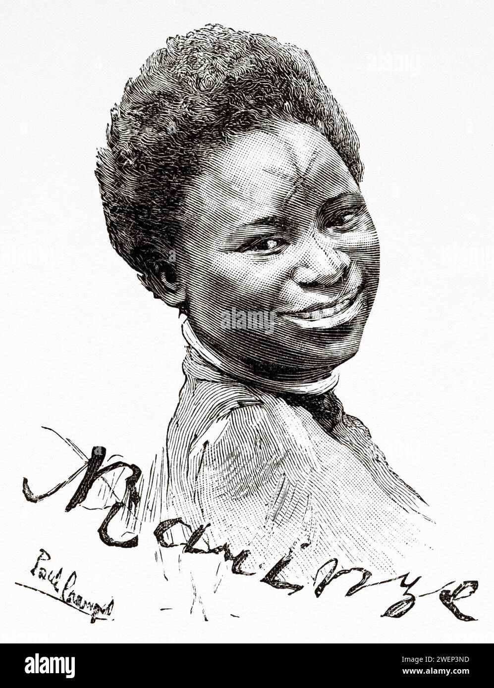 Indigene afrikanische Ureinwohner der Fang-ethnischen Gruppe, Französisch-Kongo, Zentralafrika. Im Land des Fang, Entdeckungsreise im Norden des Französischen Kongo 1888 von Crampel (1864 - 1891) Stockfoto