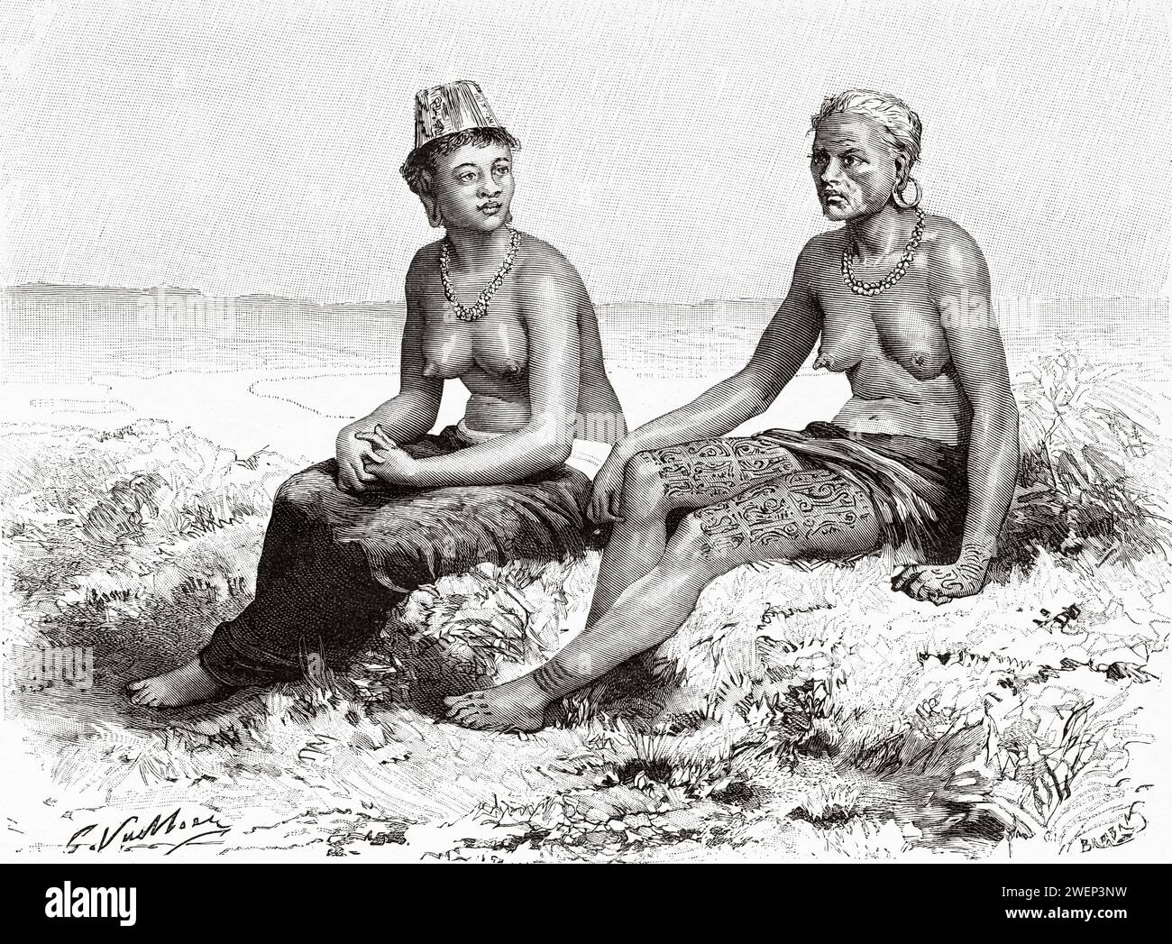 Dyak Mädchen und Frau bilden Long Wai. Kalimantan. Borneo Island, Indonesien. Von Koutei nach Banjarmasin, eine Reise durch Borneo von Carl Bock (1849 - 1932) Stockfoto