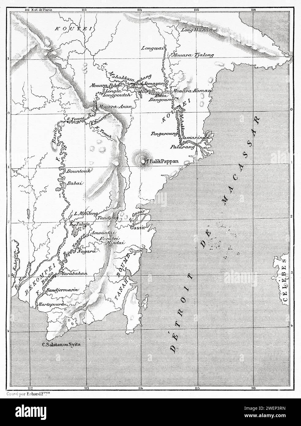 Karte des südöstlichen Teils der Insel Borneo, Indonesien. Von Koutei nach Banjarmasin, eine Reise durch Borneo von Carl Bock (1849 - 1932) Stockfoto