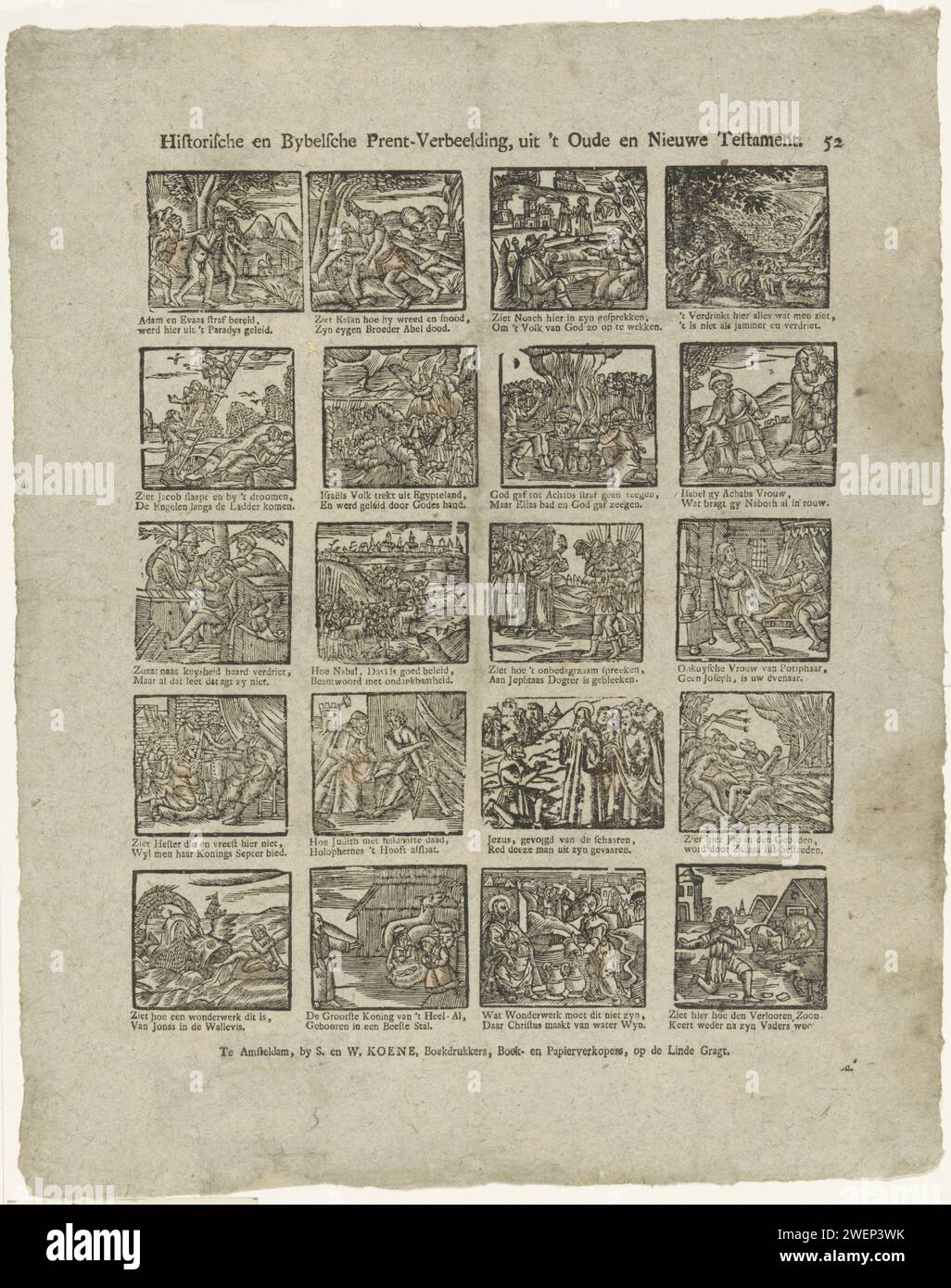 Historische und biblische Prent Imagination, from 't Oude and New Testament, 1781 - 1800 Print Blatt mit 20 Aufführungen aus dem alten und dem Neuen Testament, einschließlich Kain, der Abel tötete, Judith die Holofernes enthauptet und Christus, der Wasser in Wein verwandelt. Unter jedem Bild ein zwei-Wege-Vers. Oben rechts nummeriert: 52. Papier-Buchdruck des Alten Testaments. Neues Testament. Judith und Holofernes (Judith 8-16). Wasser wird in Wein umgewandelt, wenn St. Homobonus füllt seine Flasche nach, nachdem er sein gesamtes Essen und Trinken einem Bettler (+ Christus (nicht bärtig)) gegeben hat. Abels Tod Stockfoto