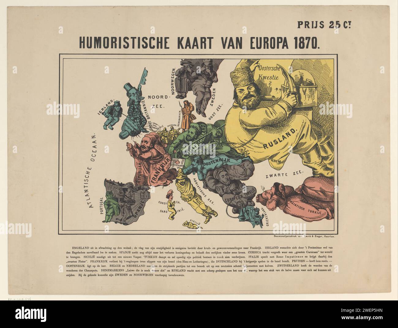 Humorvolle Europakarte 1870, Emrik & Binger, 1870 gedruckter Cartoon mit der Europakarte, die zur politischen Situation im Jahr 1870 vorgeschlagen wurde. Die Länder, die als Personen und/oder Tiere angezeigt werden. Mit einer siebenzeiligen Aussage unter der Performance. Papier (Karte) Europa Europa Stockfoto