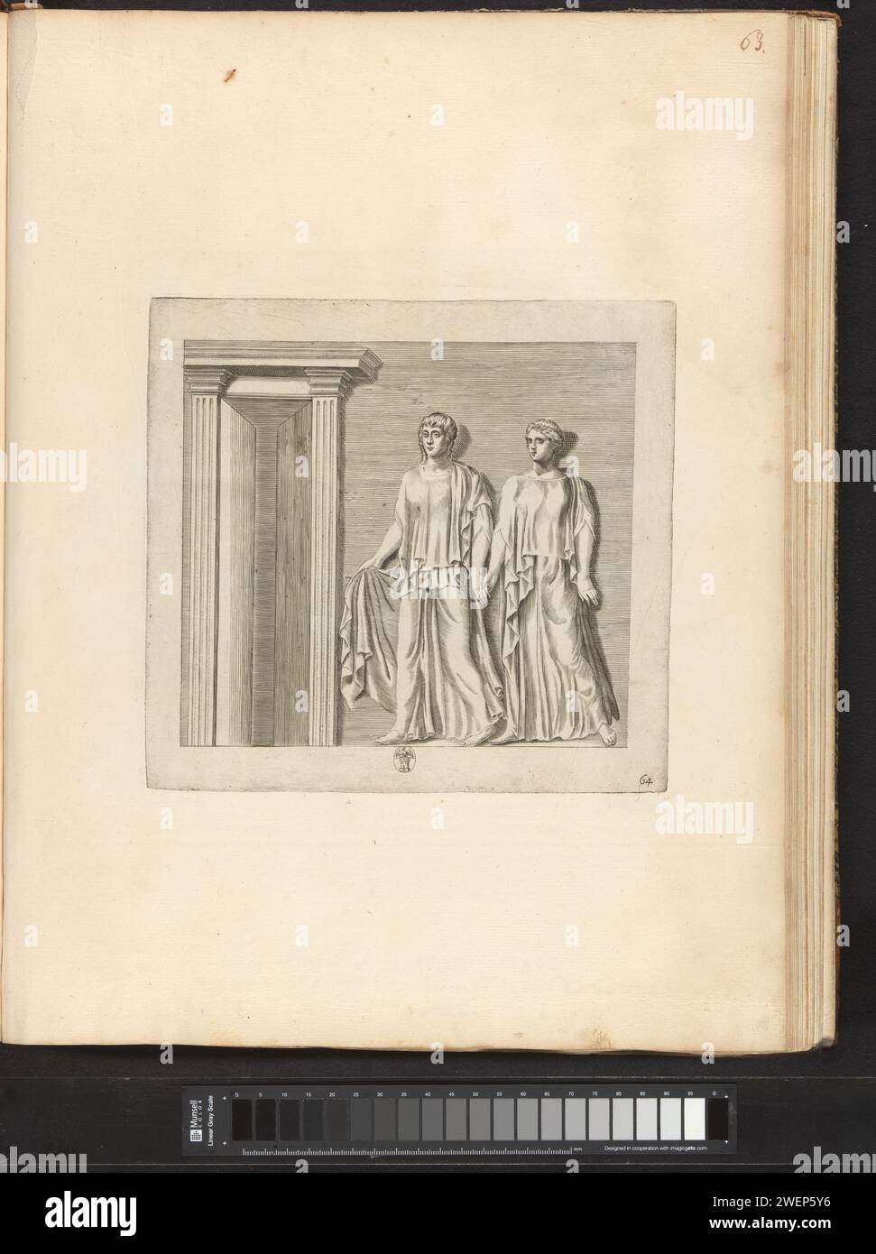 BAS-Relief mit der Darstellung einer Ehe, 1636 - 1647 Druck Bas-Relief mit der Darstellung einer Ehe. Ein Mann und eine Frau halten sich die rechte Hand. Ein springender Hund zwischen ihnen. Rechts sind ein Mann und ein Kind mit einem Hund am Arm. In der Mitte des Wappens von Vincenzo Giustiniani, dem dieses Basrelief gehörte. Print ist Teil eines Albums mit einer Serie von Drucken zu den Skulpturen der Sammlung in der Galleria Giustiniani in Rom. Papiergravurstück einer Skulptur, Reproduktion eines Skulpturenstücks. Hände schütteln, 'Dextrarum junctio'. „CastitÃ matrimoniale“, „Fede m Stockfoto