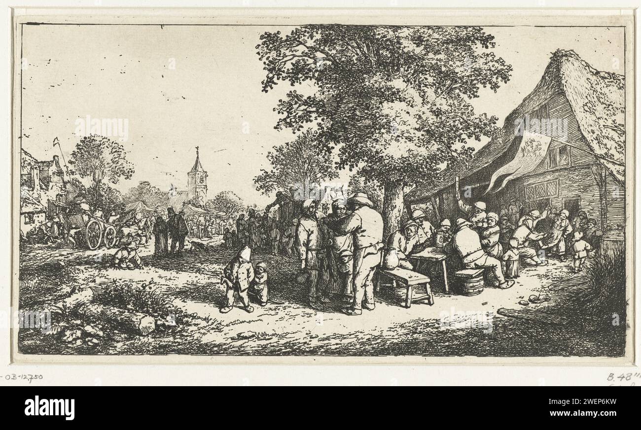 Boerenkermis, Adriaen van Ostade, 1652 - 1656 Print Eine Bauernmesse findet in einer Dorpsstraat mit viel Unterhaltung statt. Bauern tanzen und trinken in einem gasthaus und auf der Straße sind Marktstände. Zwei Kinder spielen mit einem Hobbypferd und ein Bettler sucht sich seinen Weg. Papierätzer, Vergnügungsmesse und Zirkus Stockfoto