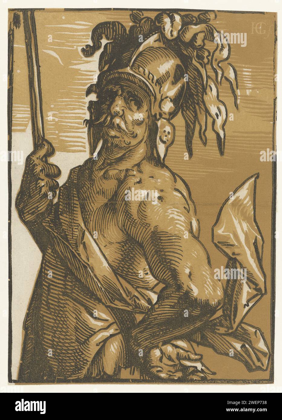 Mars, 1586 - 1590 Druck Mars, in der Hälfte, links gesehen, der Blick auf den Betrachter gerichtet. Ein Speer in der rechten Hand, die linke in der Seite, ein Helm auf dem Kopf. Papier (Geschichte von) Mars (Ares) Stockfoto