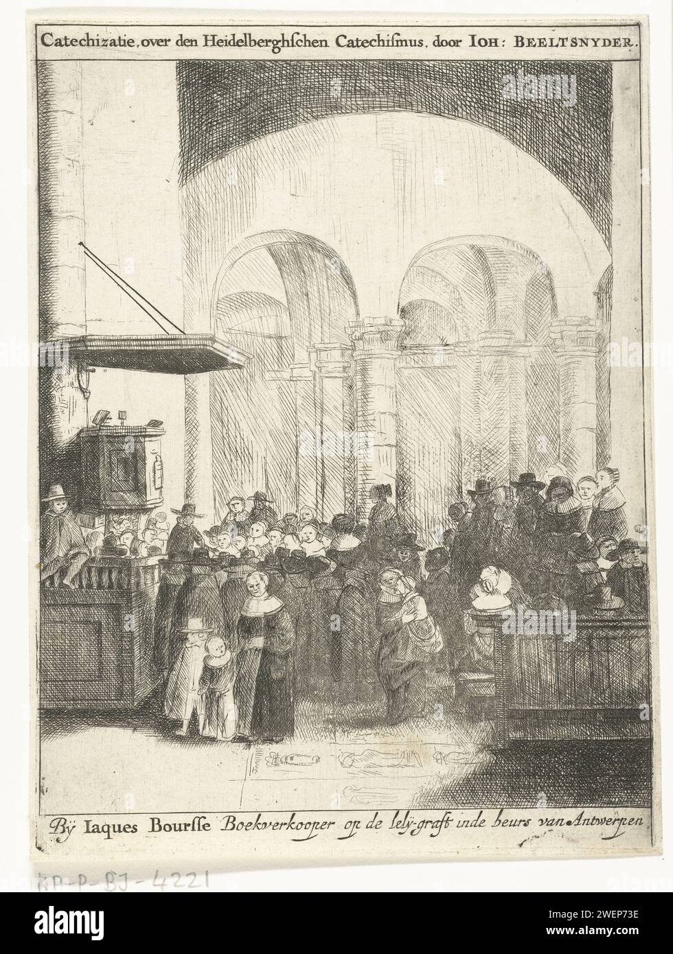 Korkterterieur traf Kiers Space, Esaias Boursss (zugeschrieben), nach Esaias Boursss, C. 1651 Druck findet Eine Katechisierung in einer Kirche statt. Die Kirchgänger hören aufmerksam auf den Prediger Johannes Beelsnyder. Zwei Frauen mit kleinen Kindern verlassen die Kirche, um den Unterricht nicht zu stören. Links steht ein Junge auf einem hohen hölzernen Ende der Kanzel. Papiergravur / Trockenpunkt religiöser Unterricht von Laien, z. B. Sonntagsschule. Innenraum der Kirche Stockfoto