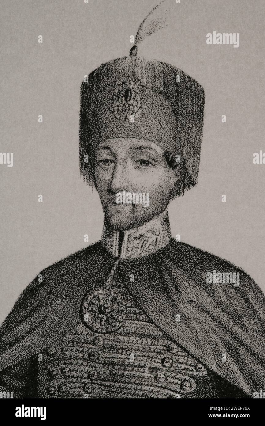 Abdulmejid I (1823-1861). Sultan des Osmanischen Reiches (1839-1861). Hochformat. Zeichnung von Valdivieso. Lithographie von Martinez. „Detail. Reyes Contemporáneos (Zeitgenössische Könige). Band II Veröffentlicht in Madrid, 1852. Stockfoto