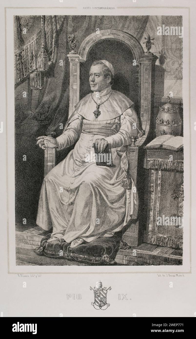 Pius IX (1792-1878). Italienischer Papst (1846–1878), geb. Giovanni Maria Mastai Ferretti. Hochformat. Zeichnung von B. Blanco. Lithographie von J. Donón. Reyes Contemporáneos (Zeitgenössische Könige). Band II Veröffentlicht in Madrid, 1852. Stockfoto