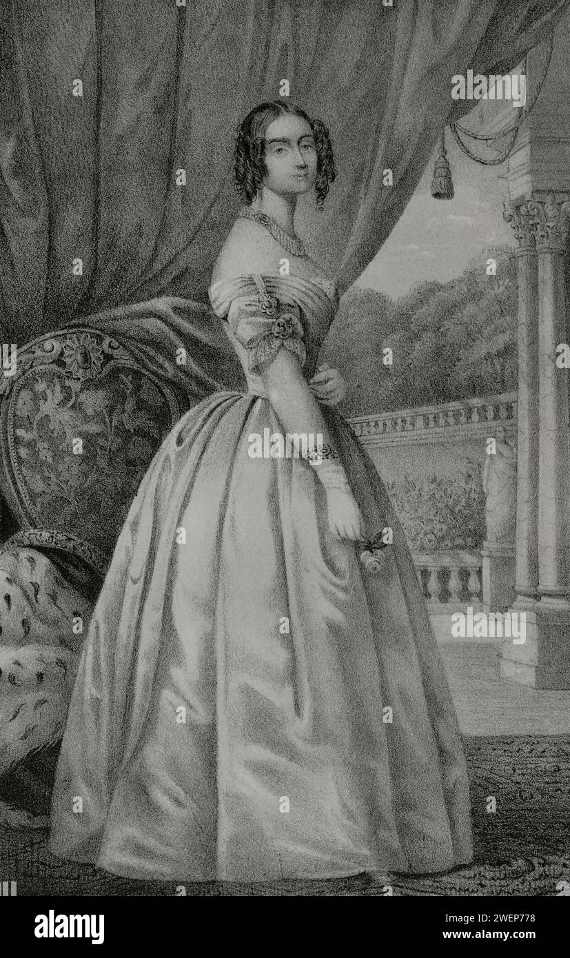 Mathilde Karoline von Bayern (1813-1862). Tochter von König Ludwig I. von Bayern. Großherzogin Gemahlin von Hessen und am Rhein durch ihre Heirat mit Großherzog Ludwig III. (1806–1877). Zeichnung von C. Legrand. Lithographie von J. Donón. Reyes Contemporáneos (Zeitgenössische Könige). Band II Veröffentlicht in Madrid, 1852. Stockfoto