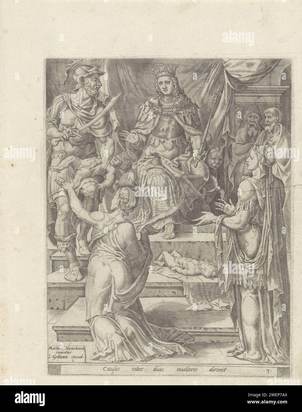 Urteil Salomos, 1560–1595 drucken zwei Frauen behaupten, dass sie die Mutter eines noch lebenden Babys seien, und bitten Salomo um sein Urteil. Salomon steht auf seinem Thron. Für ihn die beiden Mütter. Der Soldat neben ihm ist dabei, das Baby in zwei Stücke zu schneiden, worauf die linke Mutter aus Protest mit erhobenen Armen kniet. Das andere, verstorbene Baby ist auf der Treppe vor dem Thron. Unten am Rand eine einzeilige Beschriftung in lateinischer Sprache. Papier, das die wahre Mutter graviert, widerspricht Salomons Urteil Stockfoto