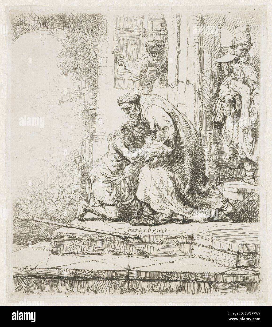 Die Rückkehr des verlorenen Sohnes, Rembrandt van Rijn, 1636 drucken die Rückkehr des verlorenen Sohnes: Er kniet für seinen Vater bei der Landung seines Elternhauses. Zwei Figuren in der Tür, ein Drittel schaut aus dem Fenster. Papier, das das Gleichnis vom verlorenen Sohn ätzt (Lukas 15:11-32) Stockfoto