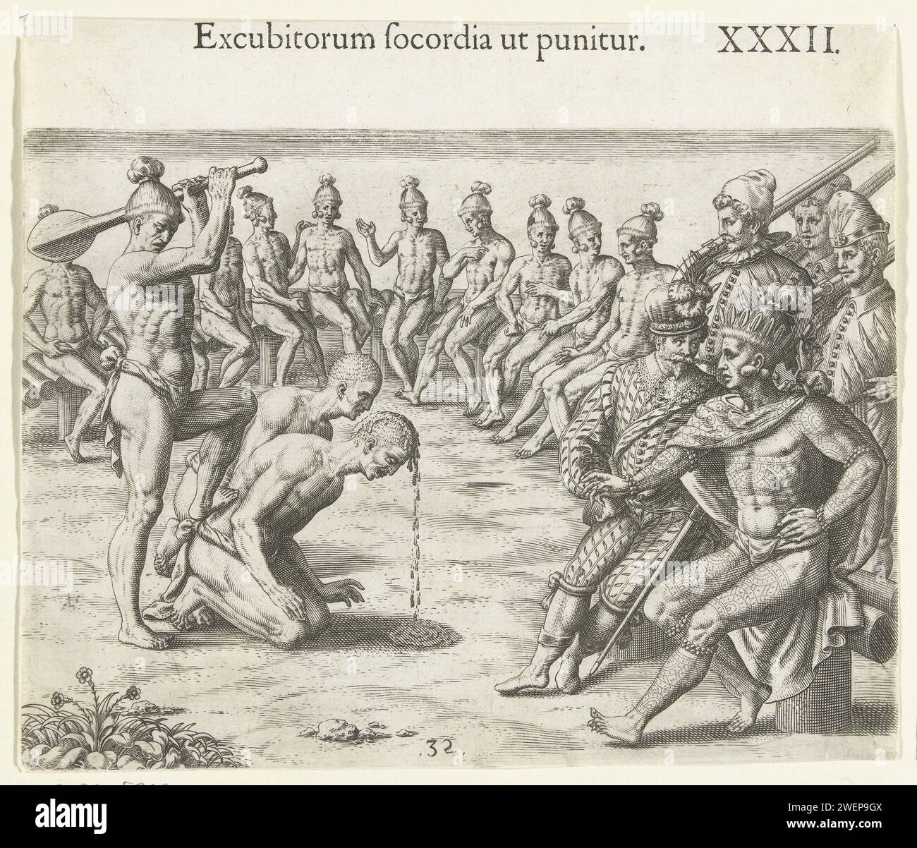 Wachters sind herzlos, Theodor de Bry, nach Johann Theodor de Bry, 1591 Druck Ein Europäer sieht sich eine öffentliche Strafe mit einem Führer eines ursprünglichen amerikanischen Volkes an. Zwei Männer knien für sie auf den Boden und werden mit einer Fledermaus auf den Kopf geschlagen. Der Kopf des ersten beginnt die Blutung. Andere Mitglieder des Volkes und europäische Soldaten beobachten ebenfalls. Papiergravur / Buchdruck Recht und Rechtsprechung (+ öffentliche Strafe). Ureinwohner Amerikas Nord- und Mittelamerikas Stockfoto
