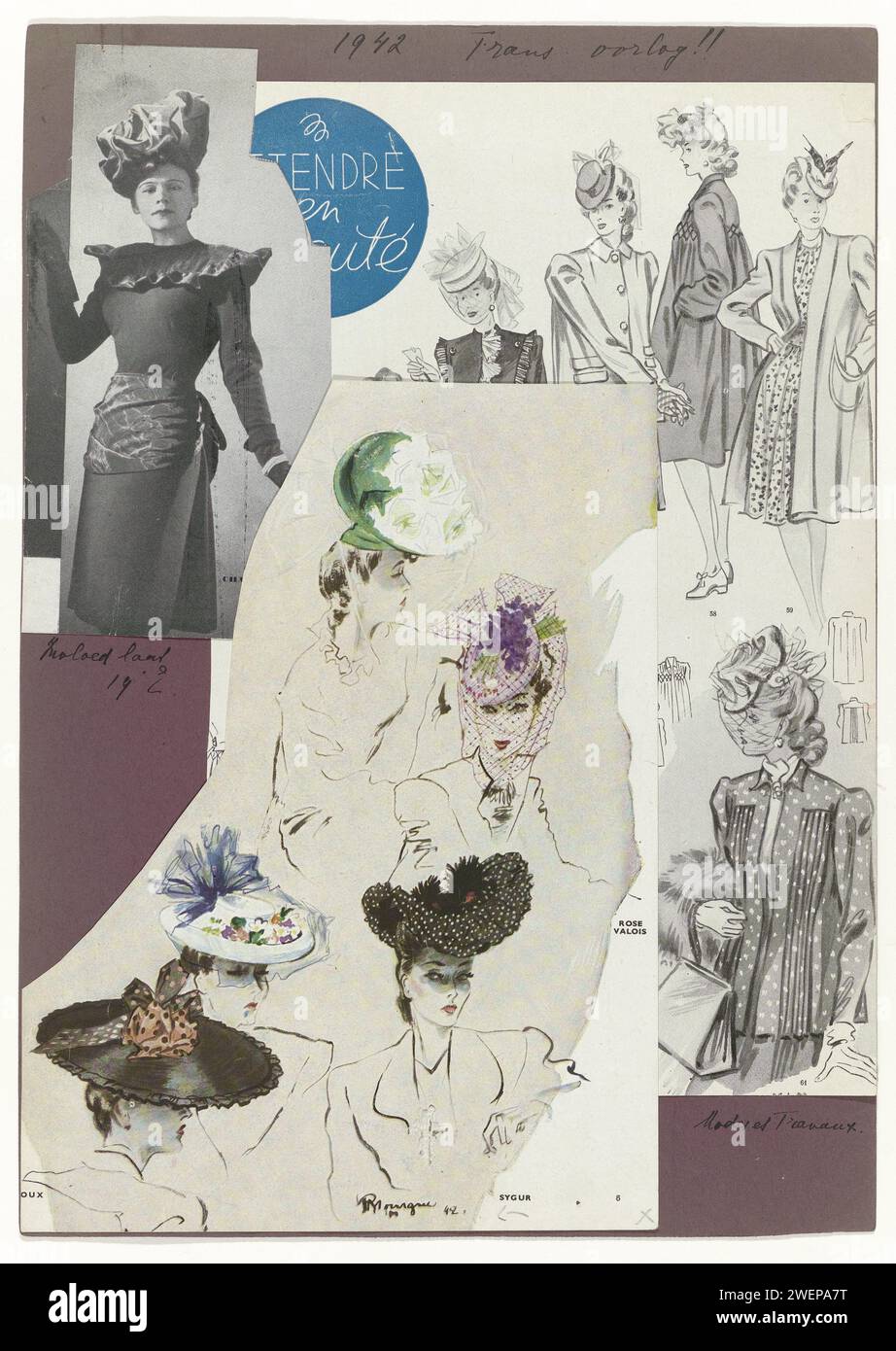 Modi and Works, 1942, 1942 Drucke des französischen Modemagazins 1942 Modes et Travaux. Die Skizzen der Hüte stammen von Pierre Mourgue. Papierteller. Kleid, Kleid (+ Damenkleidung). Mantel (+ Damenkleidung). Kopfbedeckung: Hut (+ Damenbekleidung). Veil (+ Damenkleidung) Stockfoto