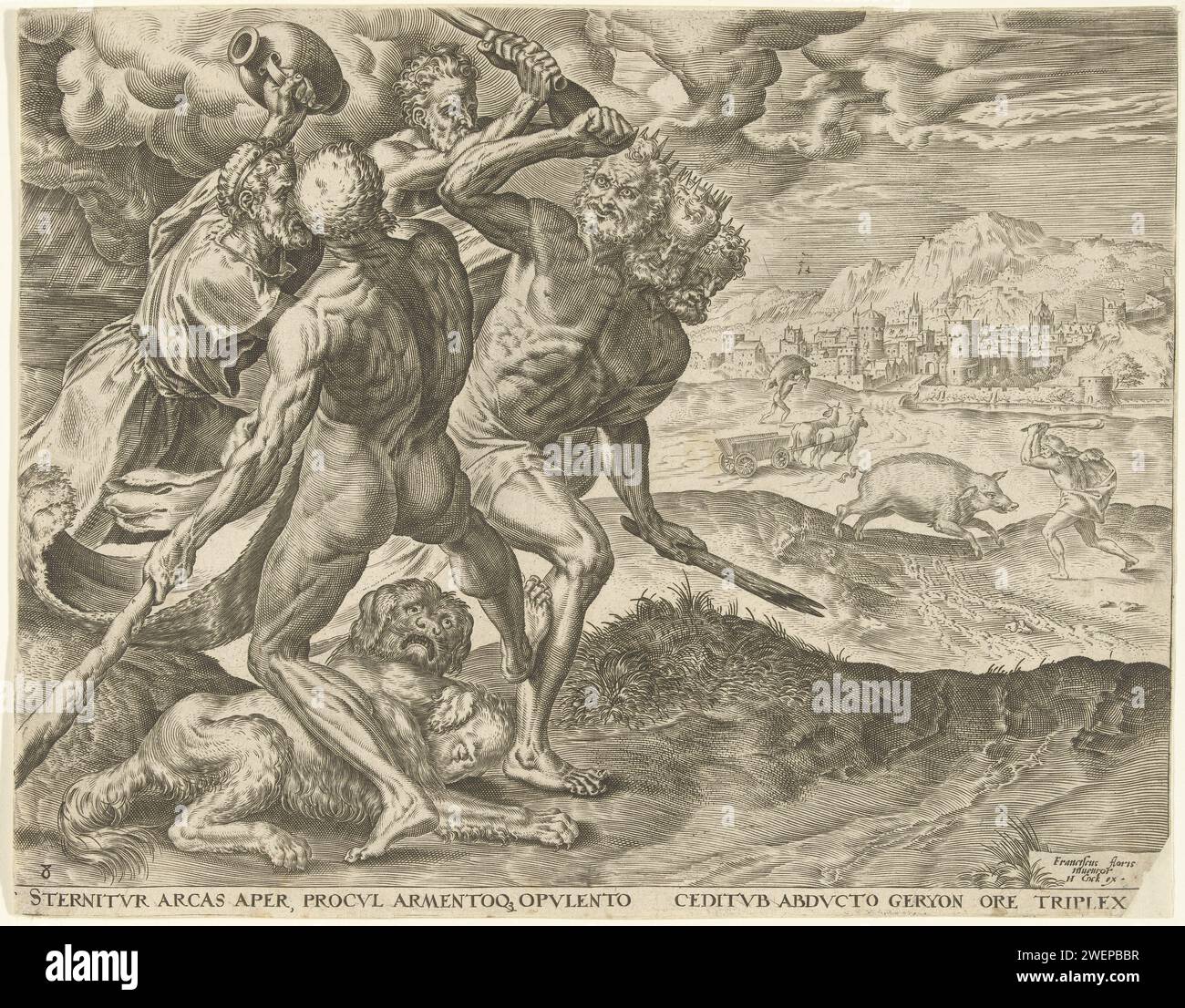 Hercules tötet Geryon und seinen Hund Cornelis Cort, nach Frans Floris (I), 1563 Druck Hercules schlägt den dreiköpfigen Riesen Geryon und seinen zweiköpfigen Hund. Im Hintergrund können Sie sehen, wie Herkules das Eber von Eymanthus fängt und in die Stadt bringt. Papierstich (4) das erymanthische Eber wird von Herkules gefangen. Herkules tötet Geryon, das Monster mit drei Köpfen und drei Leichen, nachdem er den Hirten Eurytion getötet hat, und Orthrus, den zweiköpfigen Wachhund Stockfoto